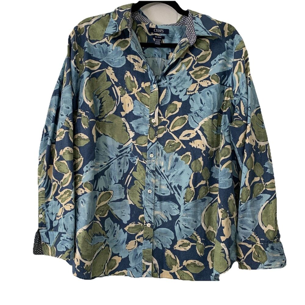 Chaps Womens 2X Shirt Blue Green Floral Long Sleeve Button Up 100% Cotton